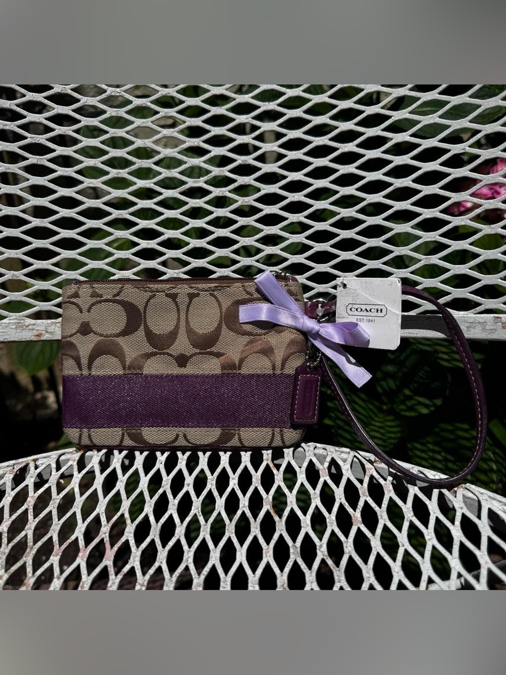 NWT Coach Brown Monogramed Wristlet with Purple Stripe